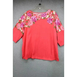 Quaker Factory Life is Rosey 3/4 Sleeve Floral Top w/Rhinestones-Size 1X